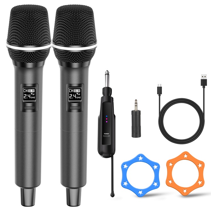 Set 2 microfoane wireless profesionale, Aveek, Handheld fara fir dynamic, Reducerea zgomotului, pentru Karaoke, Conferinte, petreceri, Cu receptor, cablu usb, inel anti-alunecare, adaptor tip Jack, Plastic, Gri