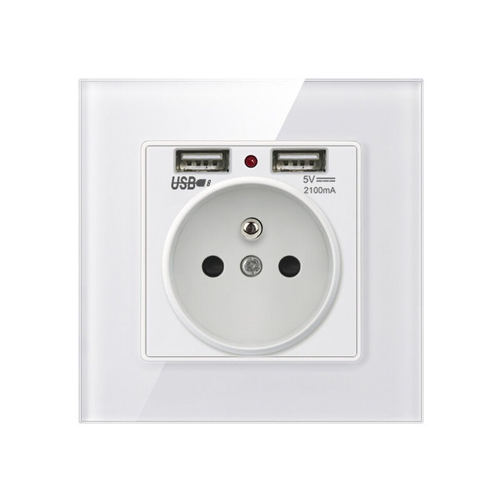 Priza incastrata cu doua porturi USB, 16A, 85x84x40mm, alb
