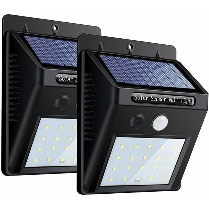 Комплект 2 LED соларни лампи, 20 LED, водоустойчиви, интелигентни режими, черни, 124x95x48мм