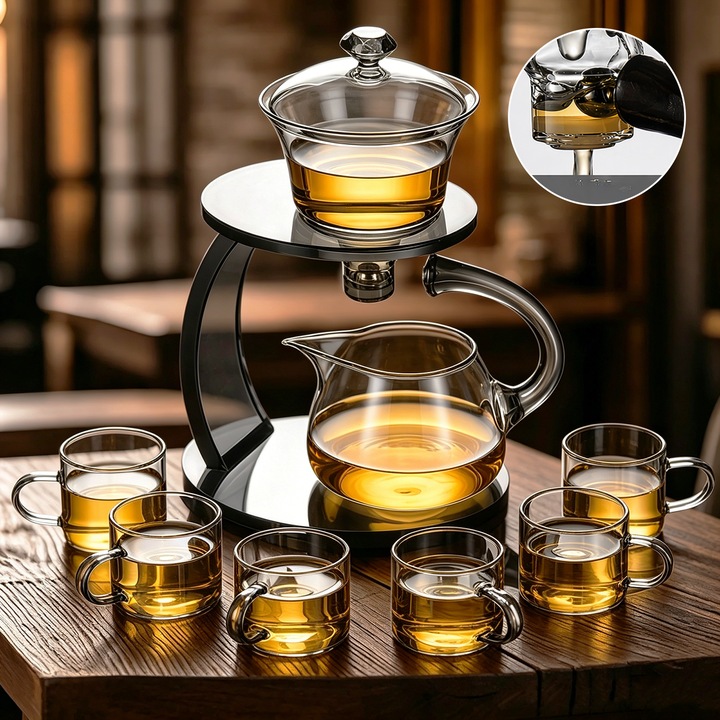 Ceainic semi-automat din sticla termorezistenta Wacorresi, Set ceainic din sticla cu 6 cesti, Mecanism magnetic pentru reglarea fluxului si infuzie uniforma, gri