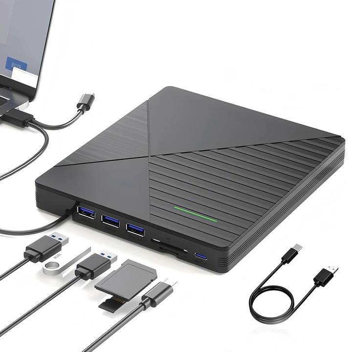 Unitate optica externa DVD CD, USB 3.0 USB-C, 3 USB, card SD, negru, 14x16x2cm