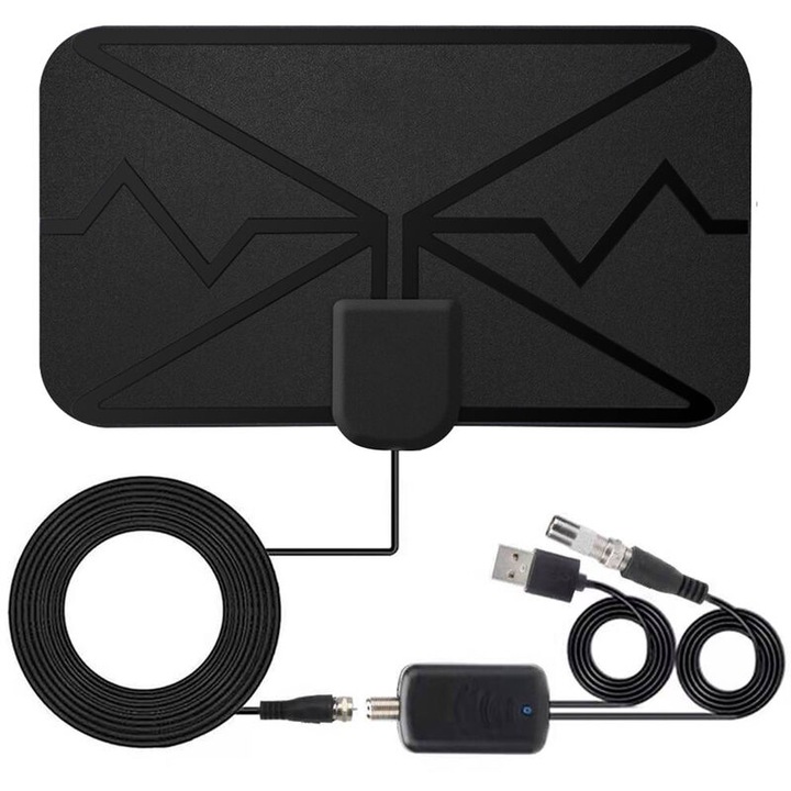 Antena TV digitala de interior 4K de 3600 mile cu amplificator de semnal - Compatibila cu DVB-T HD - Negru