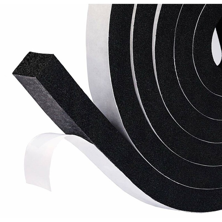 Banda adeziva din spuma pentru etansare usi/ferestre - Opritor de curent pentru partea inferioara a usii - Dimensiuni 15mm x 8mm x 2m - Rezistent la vant si izolare fonica - Negru cu folie alba