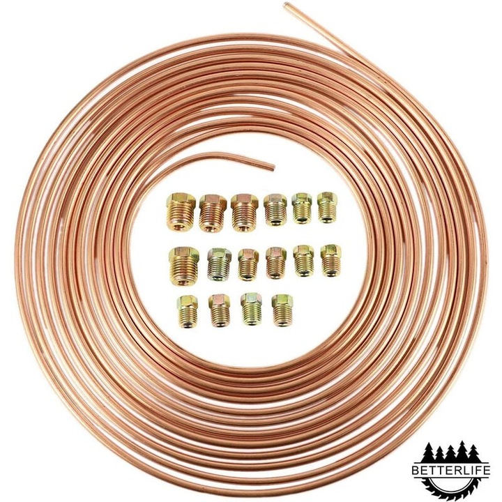 Комплект поцинкован маркуч за спирачки 3/16", 7.62 м, с гайки за тръби, златист цвят