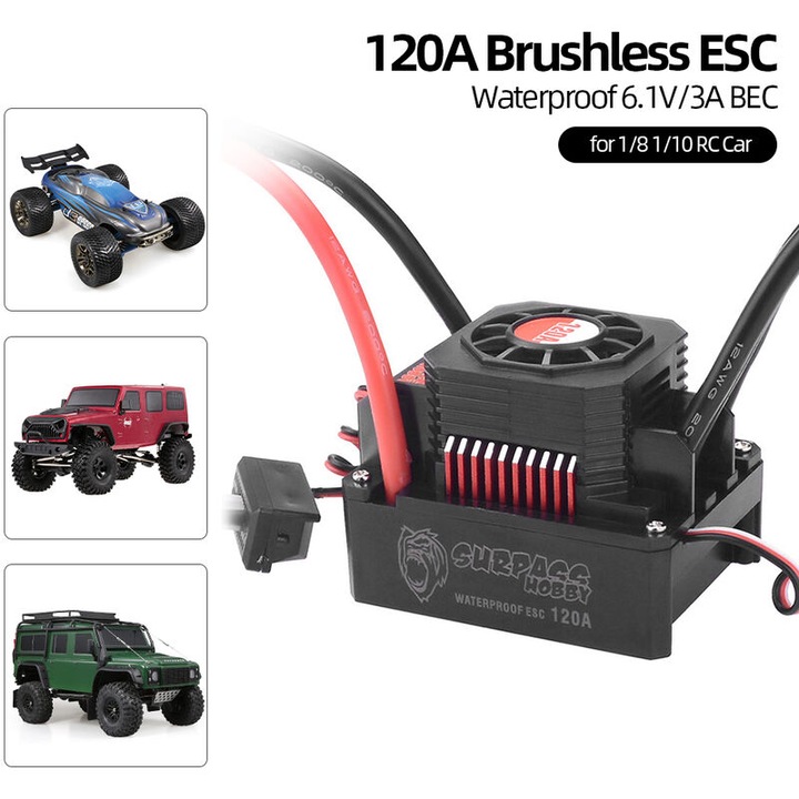Електронен контролер на скоростта 120A, черен, за RC коли 1/10 и 1/8, водоустойчив, размери 59x46x45mm