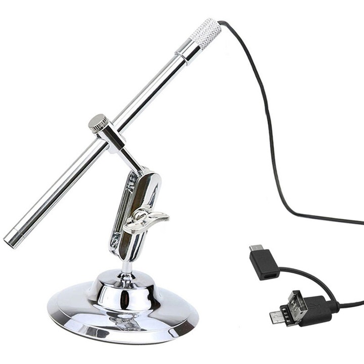 Microscop digital portabil USB, 10X-200X, 2 megapixeli, 8 LED-uri, IP67, 10mm-500mm, set complet