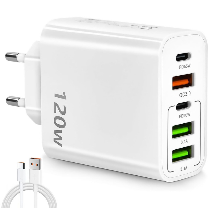 Incarcator rapid 120W, 6 porturi USB (3 USB A + 3 USB C), alb, 9.8x2.8x5.5cm, pentru smartphone-uri si tablete