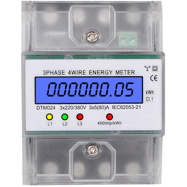 Contor de energie trifazat 4 module, 220/380V, 5-80A, montare pe sina DIN, ecran LCD iluminat, dimensiuni 10x7.6x6.5cm