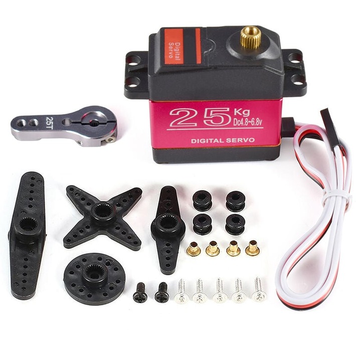 Servo digital 25kg, 180°, cu protectie impotriva blocarii si arsurii, rosu, 40x20x40.5mm, set cu brat servo 25T