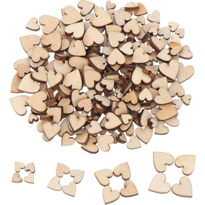 Set 200 Inimi Mini din Lemn pentru Artizanat, Natural, 6x8x10x12mm