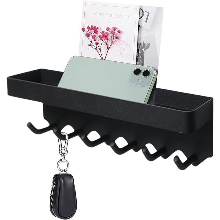 Suport chei montat pe perete, 6 carlige, o piesa, otel inoxidabil vopsit negru