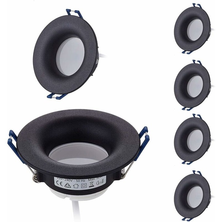 Set de 6 Spoturi LED Incastrate Rotunde, 5W, 3000K, Dimmabile, Negru, 68-76mm