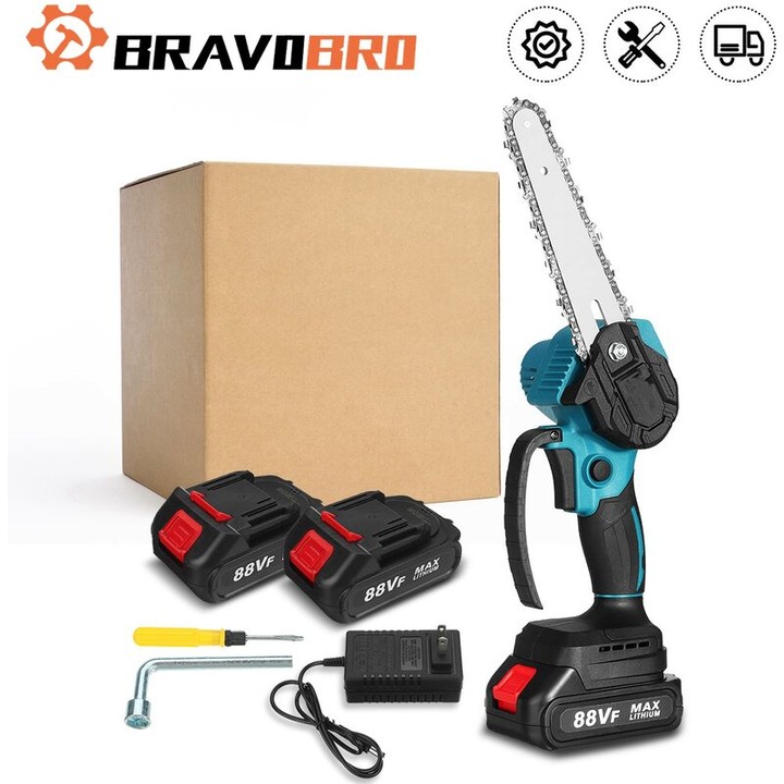 Akkumulátoros elektromos fűrész, 88V, 22x17cm, 2 akkumulátor, kék színű, komplett szett