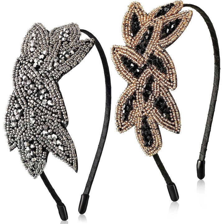 2 Bentite Flapper Stil Anii 1920 - Accesorii de Par Vintage cu Margele, Retro (Argintiu, Negru-Auriu)