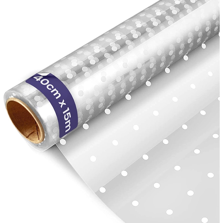 Прозрачно фолио за подаръци (бели точки) - целофаново фолио 40 см x 15 м за кошници с подаръци - универсално прозрачно фолио с дебелина 3 мм за букети, фолио за цветя, опаковки за храни (1 ролка)