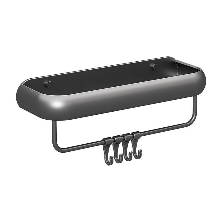 Рафт за баня, монтиран на стена без пробиване, 30 см, черен дизайн, с релса за кукички