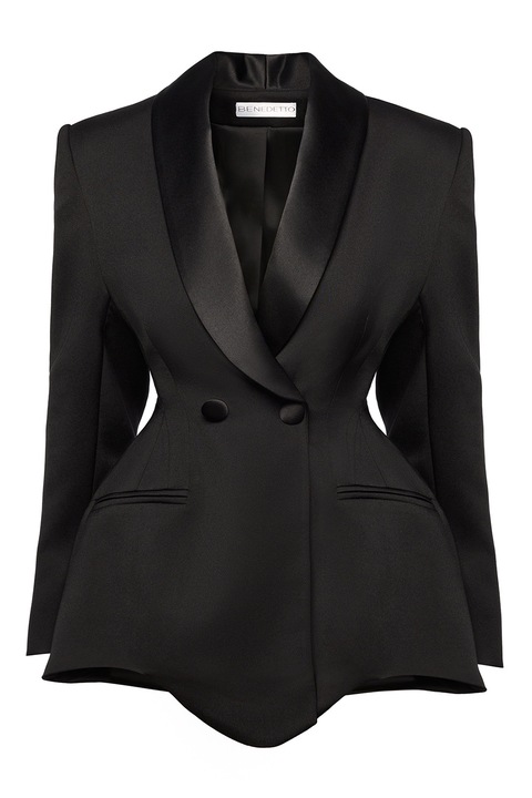 BENEDETTO ATELIER, Rochie-sacou mini cu guler de satin, Negru
