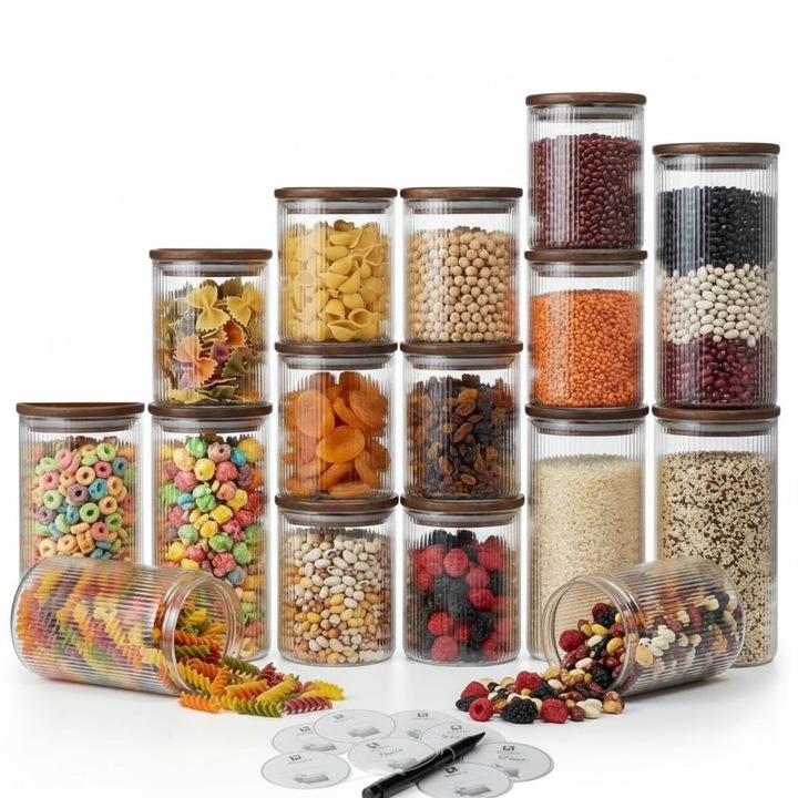 Set 15 Recipiente din sticla borosilicata cu capac din bambus etans KÖKEN®, Borcane cu capac din bambus, pentru depozitarea alimentelor uscate si cerealelor