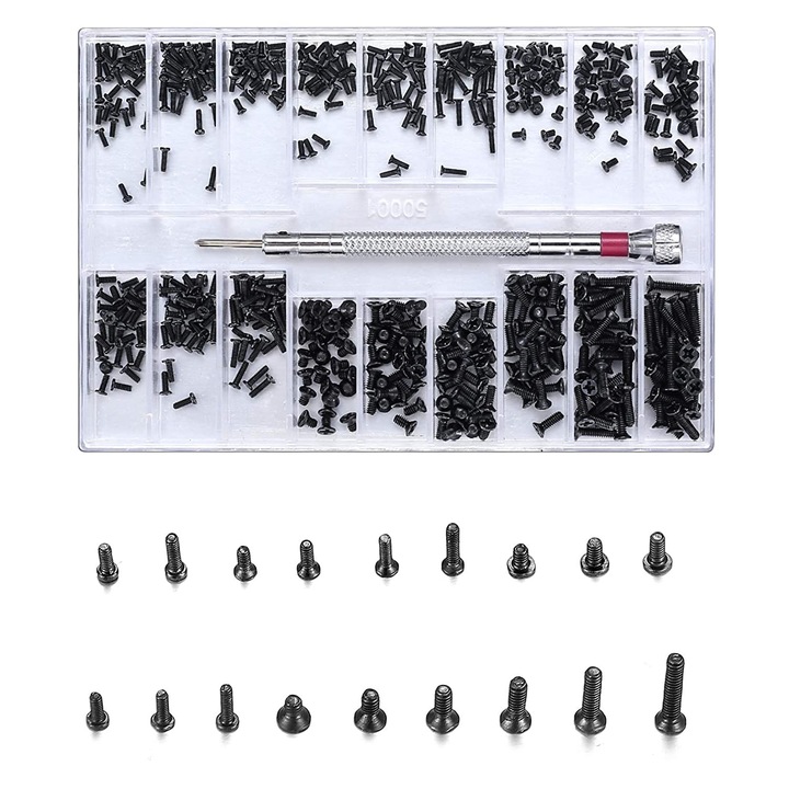 Set 500 Piese Suruburi Mici pentru Reparat, M1.2/M1.4/M2, Negru, Accesorii pentru Ochelari, Ceasuri, Laptopuri