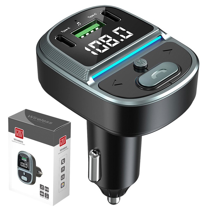 Modulator FM GZ07 Bluetooth 5.3, port USB-C cu iesire dubla, bas, gri inchis