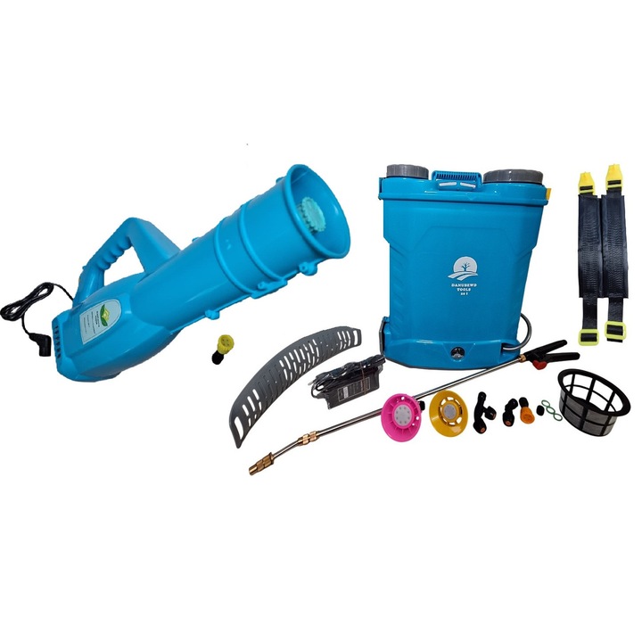 Pompa de stropit electrica DanubewdTools®, 20 litri + Atomizor Electric, lance inox 100 cm extensibila, sita filtrare, 5 +1 duze incluse, Albastra