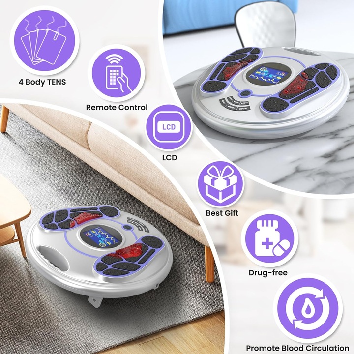 Aparat Masaj Picioare, Bedee, 25 Moduri, 99 Niveluri de Intensitate, Imbunatatirea Circulatiei, Aparat de Masaj cu Electrostimulare, Display Digital, Intensitate Reglabila, Presopunctura, Ameliorarea durerii, Telecomanda, Alb