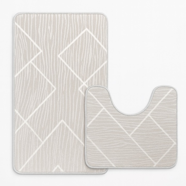 Set covoare baie 2 piese, cada si WC, antiderapante, textil, gri deschis, model geometric