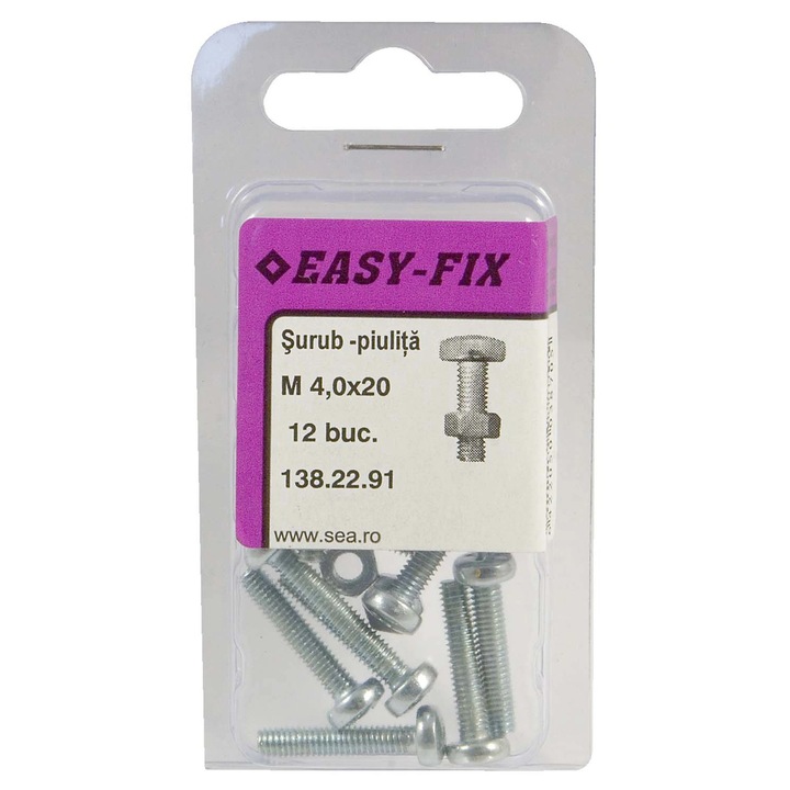 Surub cu cap bombat, amprenta cruce, cu piulita, Easy-Fix, otel, zincat alb, M4 x 20 mm, set 12 bucati