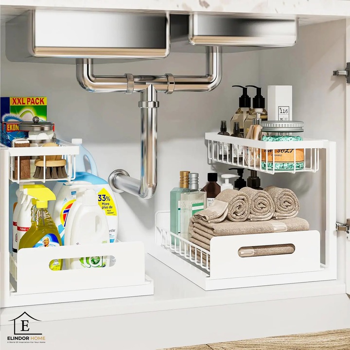 Elindor® Többfunkciós Rendezõ, 2 Szint, Pultra / Mosogató Alatti Szekrénybe, Csúszó Fiók, Fém Rendszerezõ Tartó, Ideális Konyhába, Fürdőszobába, Kamrába, Bárba, Polc Fiókokkal Zöldségek, Gyümölcsök, Mosószerek, Parfümök Tárolására, 36 x 27 x 28.5, Fehér