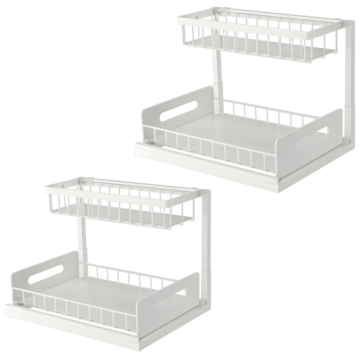 Органайзер Elindor, 2 нива, Метална опора за организиране, За кухня, Баня, Килер, Бар, Рафт с чекмеджета за съхранение на зеленчуци, Плодове, Почистващи препарати, Парфюми, 36 x 27 x 28.5, Бял