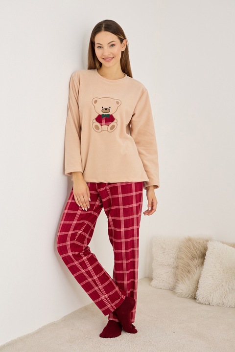 Pijama dama, Siyah Inci, set, cu model ursulet, rosu cu carouri, fleece, Multicolor