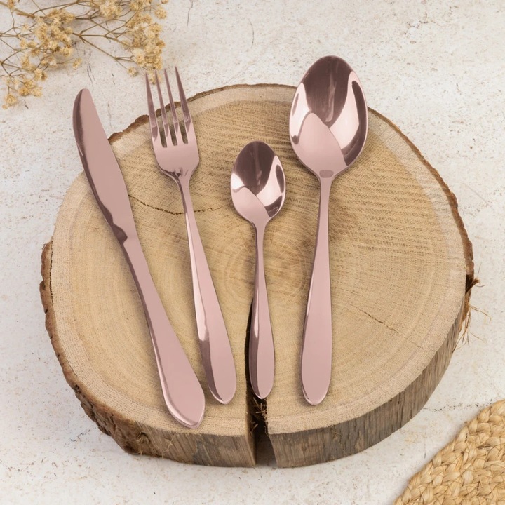 Set tacamuri 4 piese cu husa textila pentru calatorii, finisaj oglinda, rose gold - BH/3083