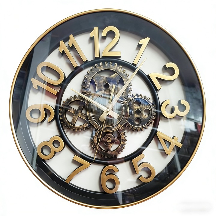Retro csendes falióra, fekete és arany ipari stílusú, dekoratív óra nappaliba és irodába, háromdimenziós fém fogaskerekek, csendes kvarc szerkezet