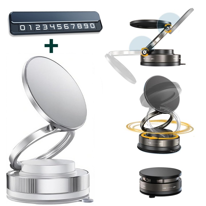 Suport Telefon Auto Magnetic Tip MagSafe, Ventuza Nano-Gel cu Vacuum, Rotatie 360°, Brat Pliabil + Placuta Numar Telefon Parcare Temporara, Universal, Alb