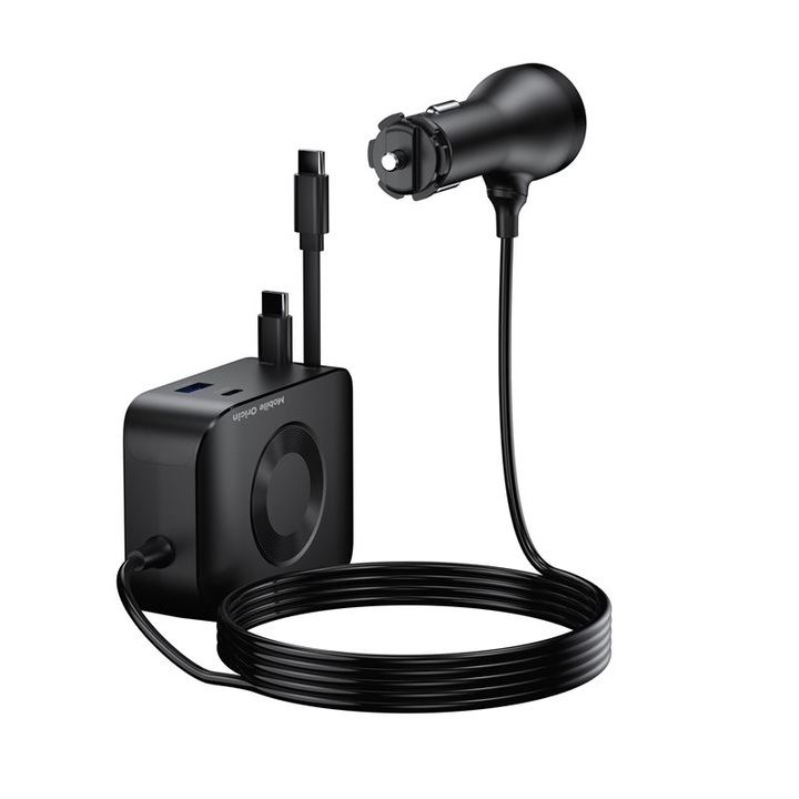 Incarcator auto Mobile Origin CA23, 2 x USB-A si 1 x USB-C, 2 x Cablu USB-C, 75W, 3A, Negru