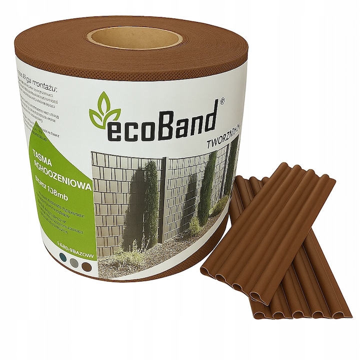 Banda de gard ECOBAND, 19,3cm x 48m, rezistenta la UV, marime universala, culoare maro, set cu clipsuri