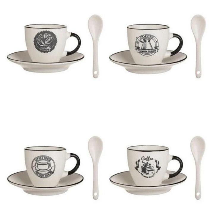 Комплект 4 керамични чаши AB HOMES, кафяво-бели, с различни модели, включени чинийки и лъжички, 90 мл – елегантно сервиране за кафе или еспресо
