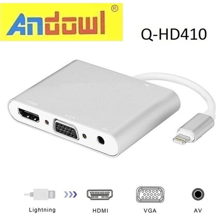 Adaptor Andowl Q-HD410 Lightning la HDMI/VGA/3.5mm, 4K/30Hz, 2K/60Hz, alb