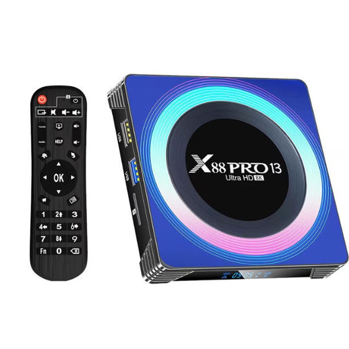 Media player, Rqiurpn, X88 PRO 13, 8K, 4GB RAM, 32GB stocare, Wi-Fi 6, Bluetooth 5.0, Set-top box, Negru