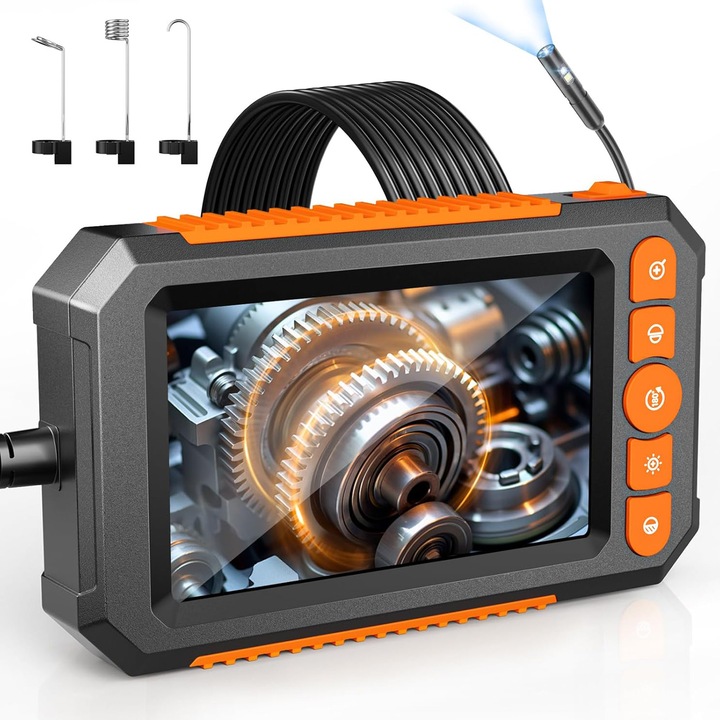 Endoscop Digital Portabil ZGGZERG, camera HD 1080P, ecran 4.3", cablu flexibil 5m IP67, 8 LED-uri, zoom, 2000mAh, pentru auto, casa, conducte si spatii inguste, negru/portocaliu