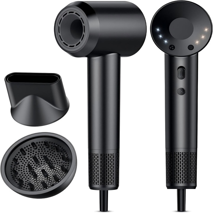 Професионален йонен сешоар, 160 000 об./мин, с йони, съдържа 5 милиарда отрицателни йони, 4 температурни нива и 3 скорости, ниско ниво на шум, с дифузер и магнитна дюза