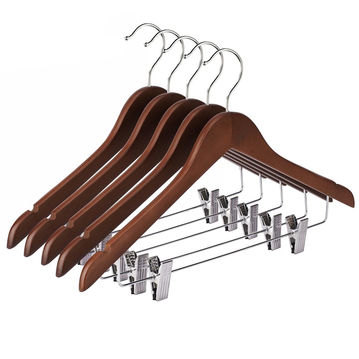 Set 5 Umerase din Lemn pentru Pantaloni si Fuste, cu Cleme Metalice Reglabile si Protectie Anti-Alunecare, Vintage