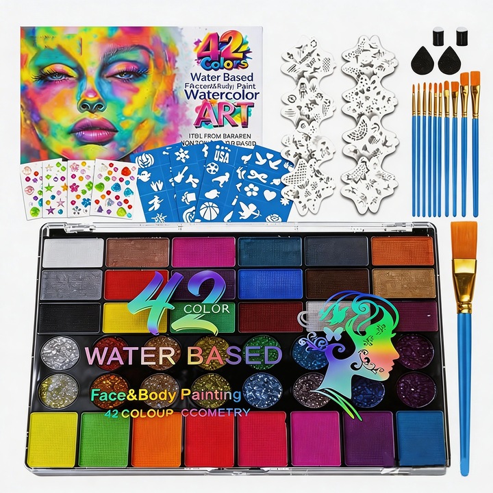 Set Profesional Pictura pe Fata si Corp, Tressinon, Copii si Adulti, Pictura pe Fata si Corp, 42 Culori, Vopsea pe Baza de Apa, 11 Perii, 4 Autocolante de Pietre Pretioase, 12 Sabloane de Pictura a Fetei, 3 ani+, Multicolor