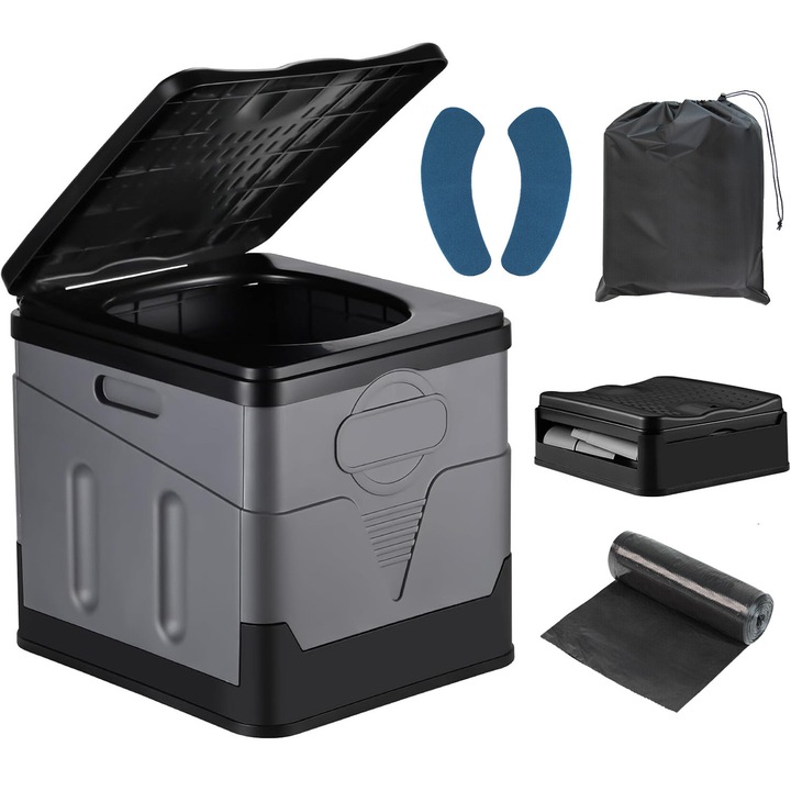 Set Toaleta portabil pliabil, Bedee, Capacitate de pana la 140 kg, 29.5*31.5*26.3cm, cu Geanta de depozitare + Pern + 12 saci de gunoi, Usor de curatat, pliabil, potrivit pentru camping, ciclism, pescuit, plimbari cu barca, viata in aer liber, Gri