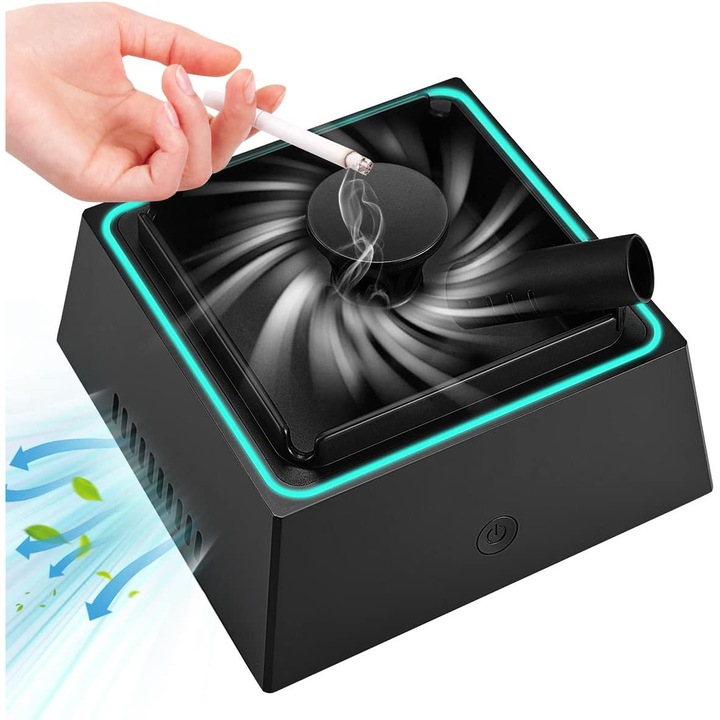 Електрически пепелник, пепелник и пречиствател на въздух в едно, с амбиентна светлина, камера за забавяне на цигари, батерия 1200mAh, 14*14*8см, освежава въздуха, подходящ за дома, колата, офиса и употреба на открито, Черен