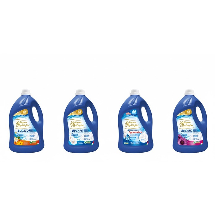 Pachet detergent lichid Schiuma di Marsiglia, Arancio & Narciso + Clasic + Sgrassatore + Ametista Rosa, 4 x 5L, pentru rufe albe si colorate, curatare profunda, indepartare pete si parfum floral-citric, pana la 260 spalari