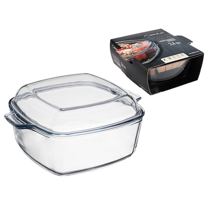Vase termorezistente Galicja, naczynie kwadrat cu capac, 3,4 litri, transparent, 26x21,5x13cm