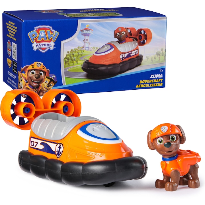 Mancs őrjárat játékszett, Zuma figura és légpárnás jármű, narancssárga, mérete 15,5x6x10cm