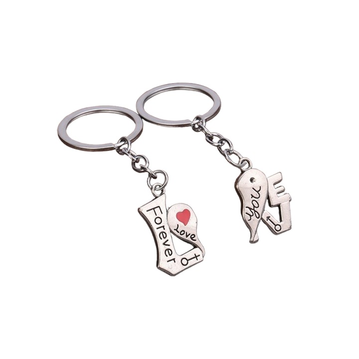 Kulcstartó Szett Pároknak, Puzzle Medálok "LOVE YOU FOREVER" Üzenettel, Valentin-napi Ajándék, Ezüst