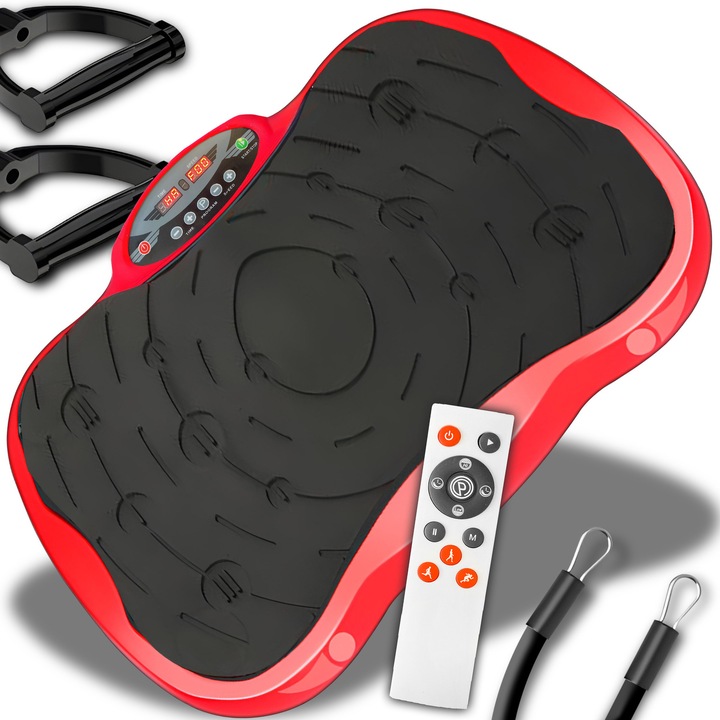 Aparat vibromasaj, Platforma vibratii cu 2 benzi de rezistenta fitness, Greutate maxim admisa 120 kg, Putere 200 W, Telecomanda inclusa, Rosu